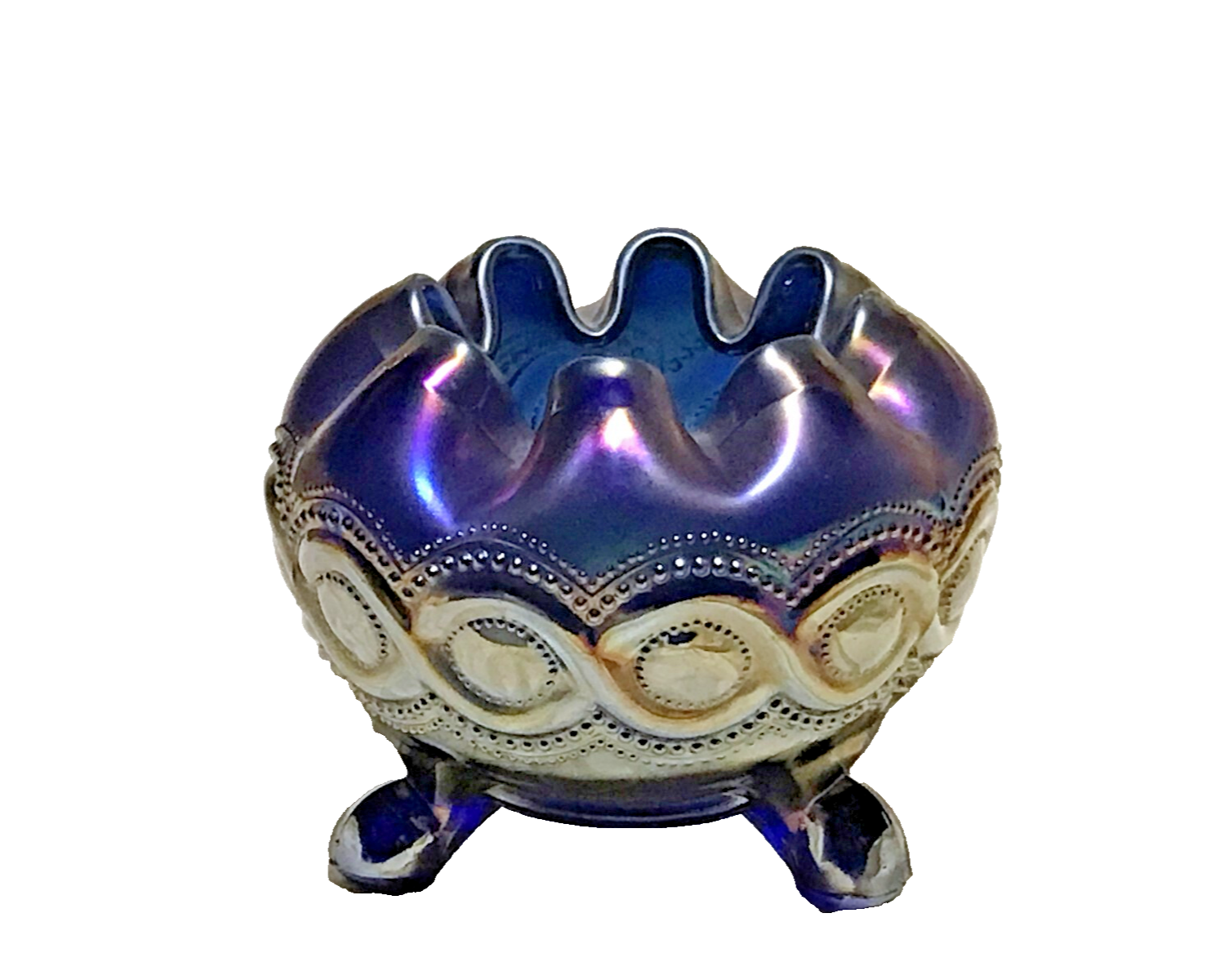 Northwood Cobalt Blue Beaded Cable Carnival Glass Rose Bowl - $79.19