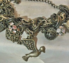 Vintage Multi-Chain Charm Bracelet Faux Antique Silver Dove Angel Wings 10.5&quot; - £12.46 GBP