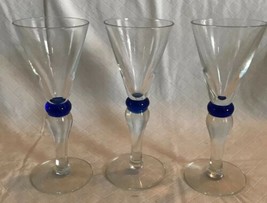 Set of 3 Cordial Sherri Glasses, Clear Bowl Cobalt Blue Ball stem, 5.25”... - $21.99