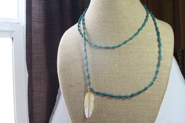 Wild Spirit (new) NECKLACE - GREEN W/ GOLD BEADS &amp; WHITE FEATHER - 48&quot; - £21.11 GBP