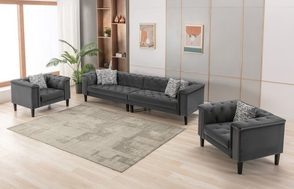 Primary image for Chorley Modern 4-Piece Tufted Living Room Set in Dark Gray with Accent Pillows