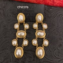 Chico’s Gold Tone Faux Pearl Long Sexy 3 1/2” Post Earrings Dangle Drop New Tags - £22.53 GBP