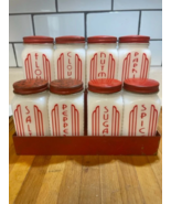  Vintage Cornucopia sunburst spice jars with metal rack, new vinyl art d... - $109.76 CAD