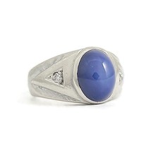 Vintage 1960s Blue Lab-Created Star Sapphire Diamond Ring 14K White Gold... - $995.00