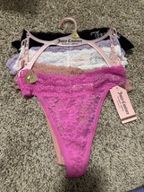 JUICY COUTURE Women XL 5Pk Lace Rhinestone Logo Thong Panties Black Pink... - $21.49