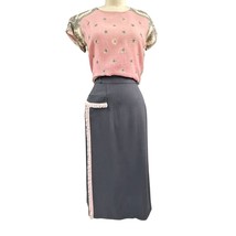 Vintage 1940s/50s Gray Linen Pencil Skirt - Asymmetric Pink Fringe Detai... - $138.60