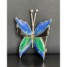 980 Sterling Silver L API S Lazuli,Malachite &amp; Onyx Butterfly Brooch,Mova Sky - $59.40