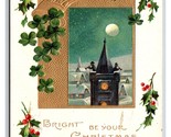 Church Steeple Night Scene Holly Christmas Gilt Embossed DB Postcard H29 - $3.91