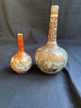 antique pair kutani and satsuma porcelain long neck vases. Handpainted - £47.21 GBP