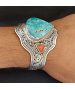 Tibetan Bracelet Silver Turquoise Coral Cuff Nepalese Bangle Vintage Han... - $8,868.66 MXN