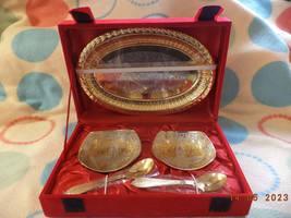 Vintage Middle Eastern Silver and Gold Plated Serving set Tray Bowls and Spoons - £14.55 GBP