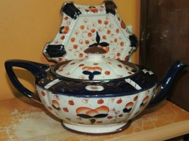 Chinese 10&quot; Teapot Tea Cream/ Blue/ Gold Persimmon hand painted ENGLAND ... - $17.09
