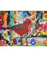 Painting Cardinal Original Signed Realism Bird Abstract Nature Scenery L... - $55.78