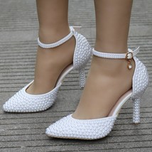 Bridal High Heels Shoes Crystal Queen Pointed Toe White Pearl Wedding Shoes Thin - £88.60 GBP