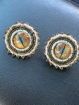 Unique Handmade Cat Eye Bubble Cab Rimmed in White &amp; Green Tiny Beads Post Earri - £11.97 GBP
