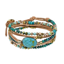 Faceted Oval Turquoise Mix Stones Natural Leather Wrap Multiwear Bracelet - £22.17 GBP