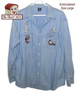 Warner Bros Looney Tunes Embroidered Long Sleeve Shirt Denim Sz L Taz &amp; ... - £23.42 GBP