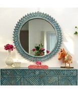 48&quot; Hand-Carved Round Wooden Wall Mirror | Distressed Green Boho Vintage... - $16,577.78 MXN
