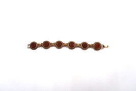 Vintage gold tone &amp; amber plastic carved flower cabochons link bracelet - £15.97 GBP
