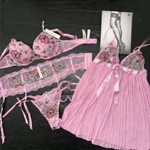 Victoria&#39;s Secret 34B BRA SET+garter+thong+S BABYDOLL gown PINK floral appliqué - £174.09 GBP