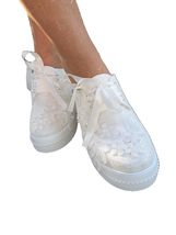 Ivory Flat Bridal Shoes with Lace and Rhinestone Accents, White Bride Shoes (8 U - $146.02