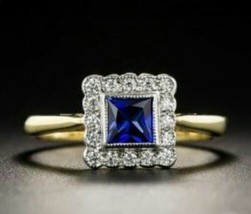 Blue Sapphire 3CT Simulated Diamond Antique Gold Plated Engagement Ring - £34.09 GBP