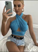 Blue Solid Cross Top Halter Top Small size 4 - £71.21 GBP