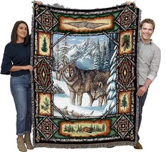 Wolf Lodge Blanket - Wildlife Cabin Gift Tapestry Throw Woven from Cotton, 72x54 - £60.91 GBP