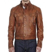 Men Real Leather Jacket Tan Brown Motorcycle Jacket Distressed Biker Jac... - £85.27 GBP