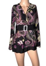 Womens multi color paisley Pullover long Sleeve Top Size L faux belt accent - £14.03 GBP