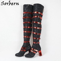 N black glitter punk boots women cute round toe block heels rivets holo red straps open thumb200
