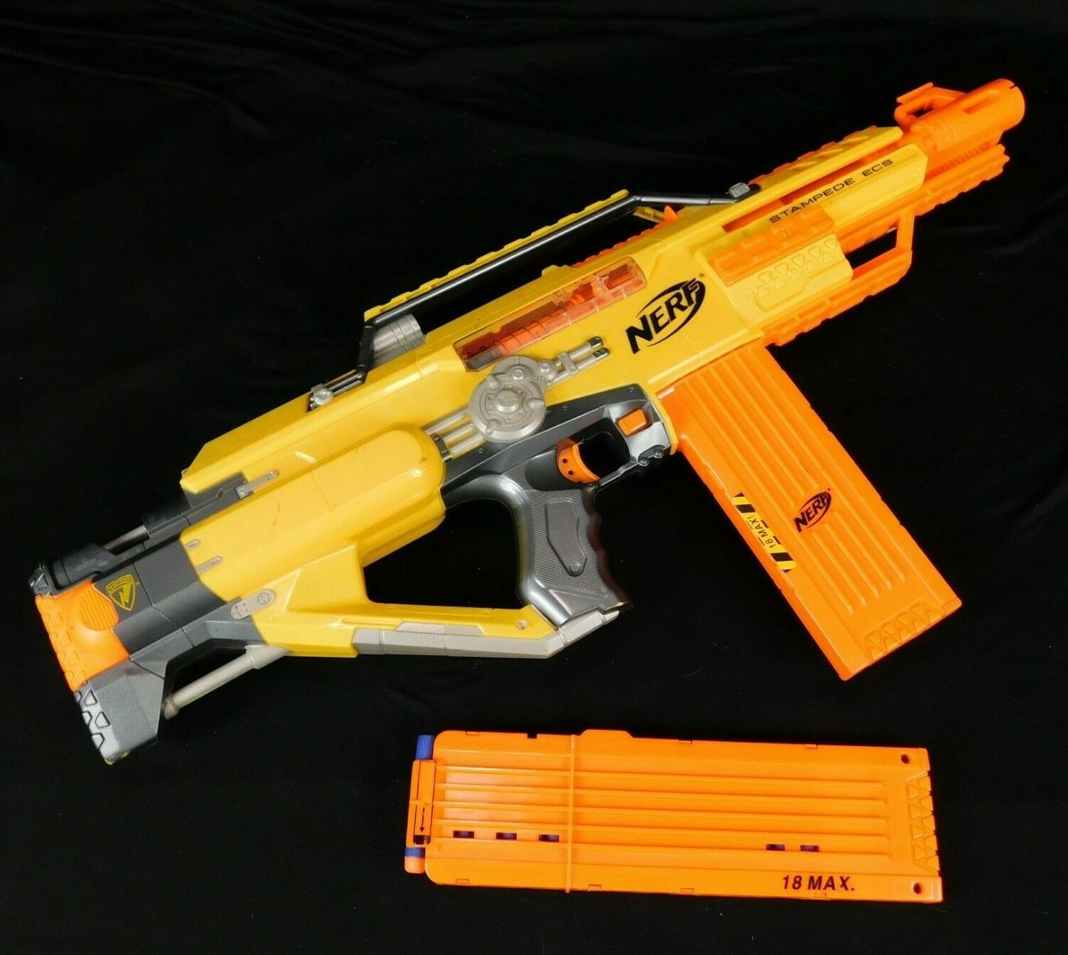 Nerf Blaster N-Force Stampede ECS 2009 Hasbro Yellow 18 Dart Clips Battery Op - £39.81 GBP