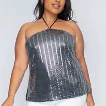 SILVER-BLACK Plus Size Sequin Halter Top - £15.74 GBP