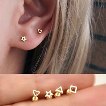 Womens Girls Gold Small Star Heart Screw Back Stud Earrings Trendy Jewelry Gift - £7.37 GBP