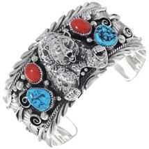 Native American Navajo Sterling Turquoise Coral Mens LRG 3D Bear Bracelet s7-7.5 - £600.33 GBP