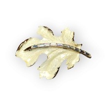 Vintage Enamel Leaf Brooch Pin Gold-tone w/ Aurora Borealis Baguette Rhinestones - £23.74 GBP