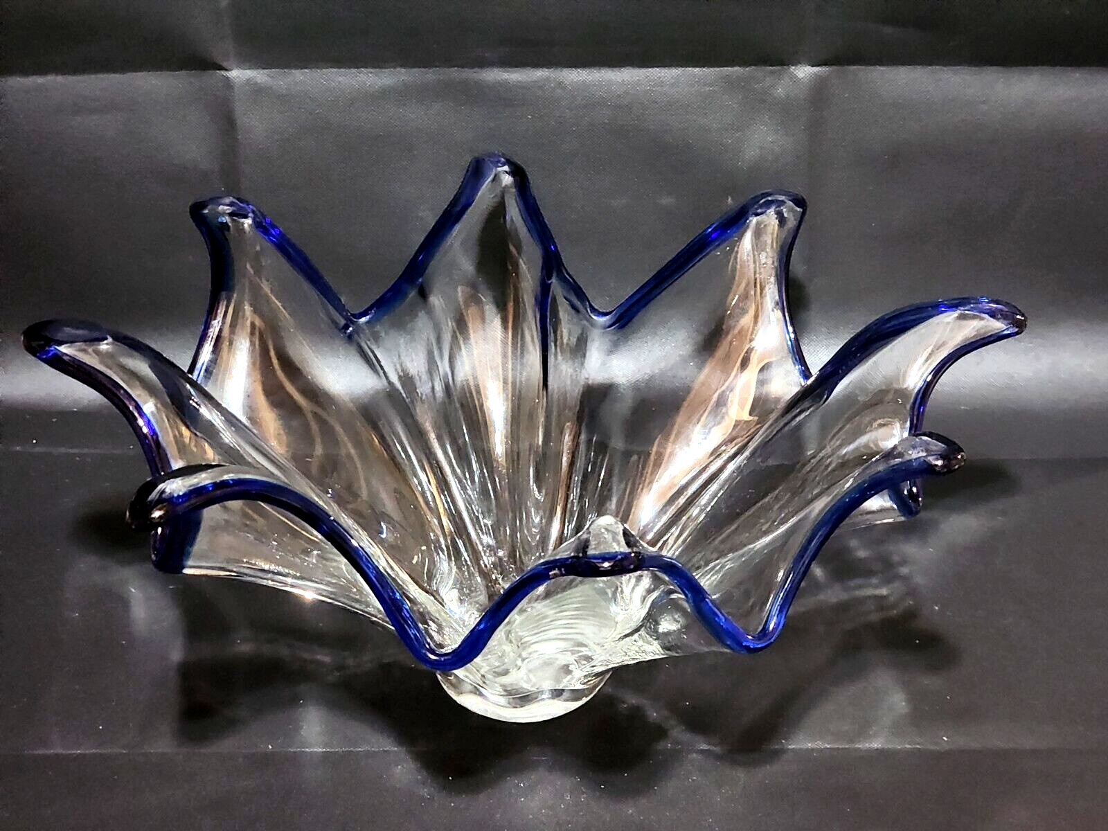 Primary image for Large 18" Murano / Murano Style UNSIGNED Art Glass Bowl Handmade With Blue Rim