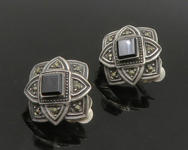 925 Sterling Silver - Vintage Onyx &amp; Marcasite Non Pierce Earrings - EG11201 - £49.73 GBP
