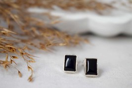 Small Black Onyx Stud Earrings in Sterling Silver, Rectangle Gemstone Earrings,  - £31.97 GBP