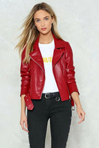 Red Leather Jacket Women Pure Lambskin Handmade Classy Biker Casual Stylish Wear - £85.75 GBP+