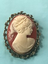 Vintage Gerry’s Signed Large Orange &amp; Cream Oval Plastic Cameo in Antique Loopy  - £10.46 GBP