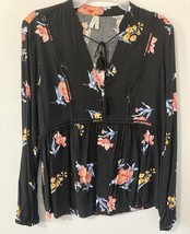 MUDD Women’s Small Black W/Floral Long Sleeved Peasant Blouse V-Neck W/T... - $234.44 MXN
