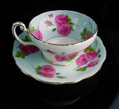Vintage blue teacup - EB Foley bone china tea cup - Pink roses flower Tea Cup sa - £43.24 GBP