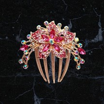 Floral Designed Hair Pin with Fushia and Emerald Crystal Rhinestones - £7.98 GBP