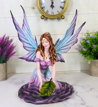 Large Whimsical Purple Rose Fairy With Large Leaf Kneeling On Flower Figurine - £79.63 GBP