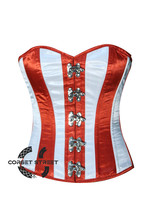 White And Red Stripes Burlesque Overbust Bustier Waist Training Corset Top - £61.52 GBP