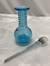 Vintage Hand Blown Ice Light Blue Threaded Studio Art Glass Perfume Bottle Jar - £31.84 GBP
