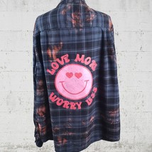 Upcycled Flannel Shirt Shacket Smiley Face Worry Less Hippie Shirt Plus ... - $32.71