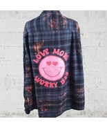 Upcycled Flannel Shirt Shacket Smiley Face Worry Less Hippie Shirt Plus ... - $32.71