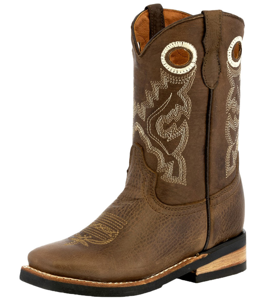 Kids Unisex Real Leather Cowboy Boots Brown Square Rodeo Botas Rancho Si... - $54.44